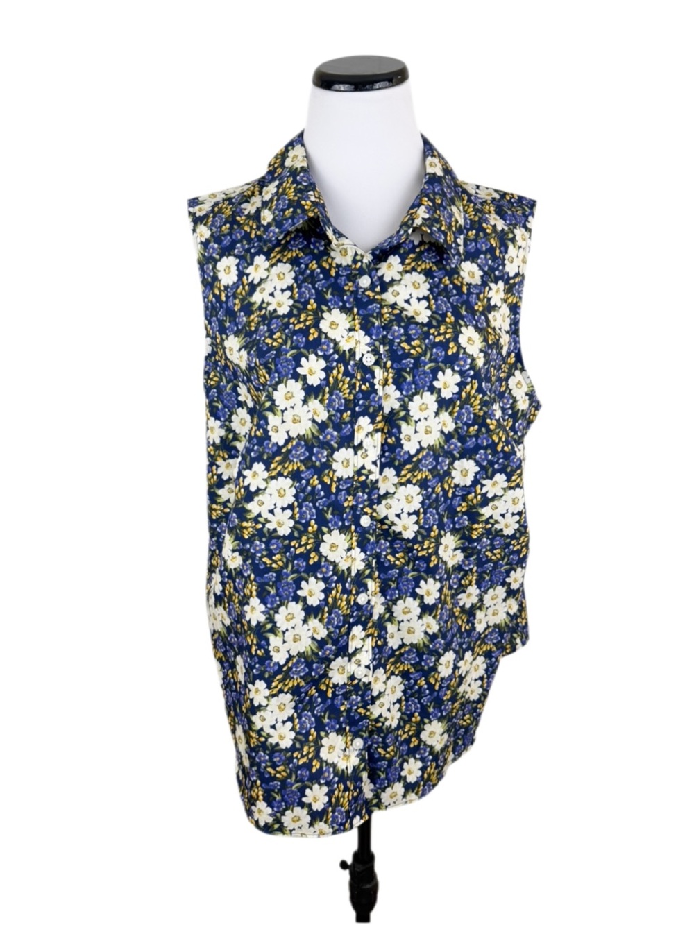 Lands End No Iron Floral Sleeveless Button Front Shirt  Purple White Size 1X